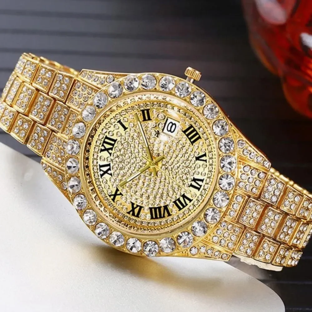 VVS Bustdown Iced Out Unisex Gold Steel Luxury Simulated Diamond Watch Hip Hop
